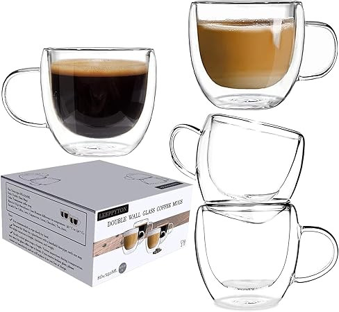 Set of 4 Double Walled Design Glass Tea Coffee Cup with Handles, Lightweight Insulated Double Wal... | Amazon (UK)