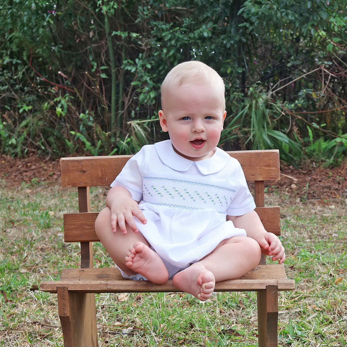 White Geo Smocked Collared Bubble | Classic Whimsy