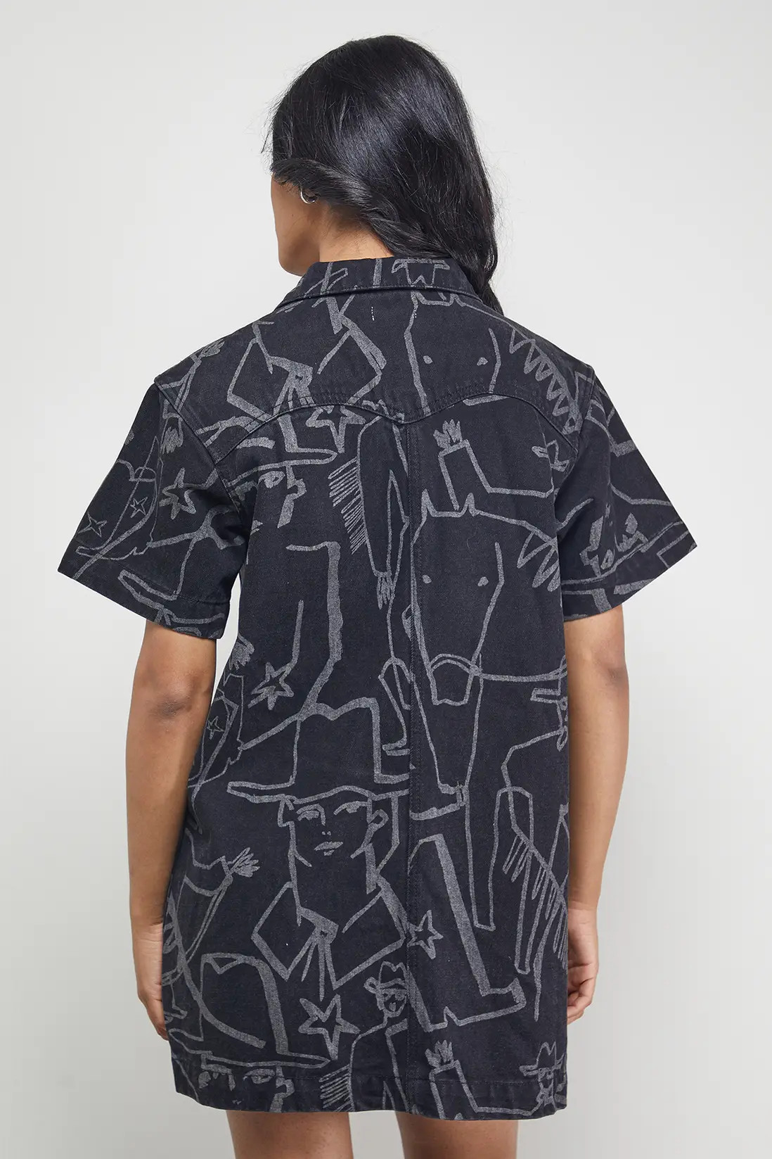 Mid Blue Warehouse Tony Printed Boxy Denim Mini Dress With Pockets | Nasty Gal | NastyGal UK
