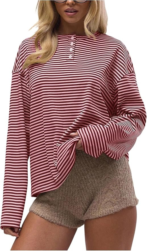 SOLY HUX Women's Striped Long Sleeve T Shirts Henley Tops Crew Neck Button Classic Tees Fall Clot... | Amazon (US)