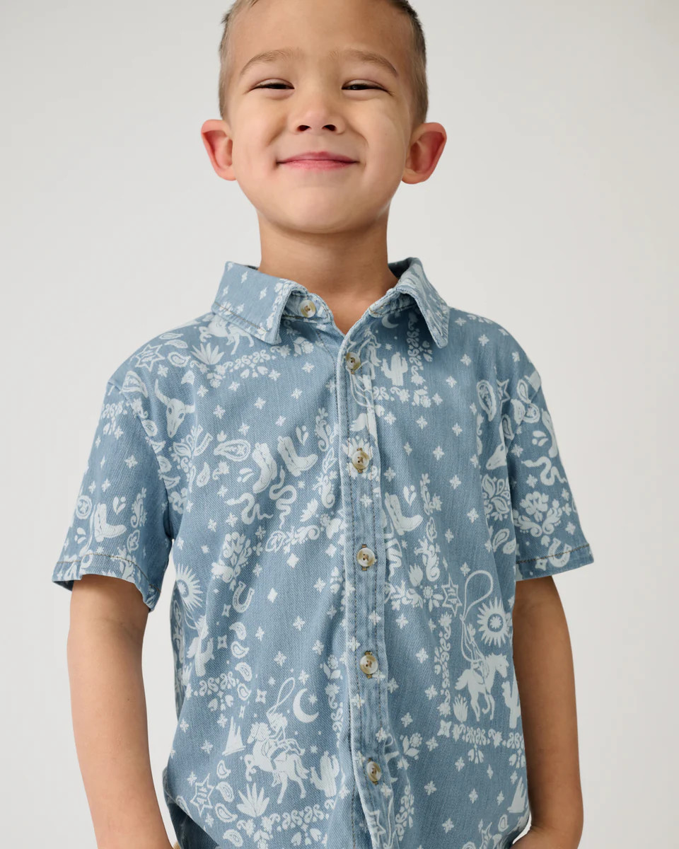Bandana Blues Denim Button Down Polo | Little Sleepies