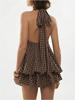 SOLY HUX Women's Plaid Halter Mini Dress Ruffle Bubble Hem Going Out Dress | Amazon (US)