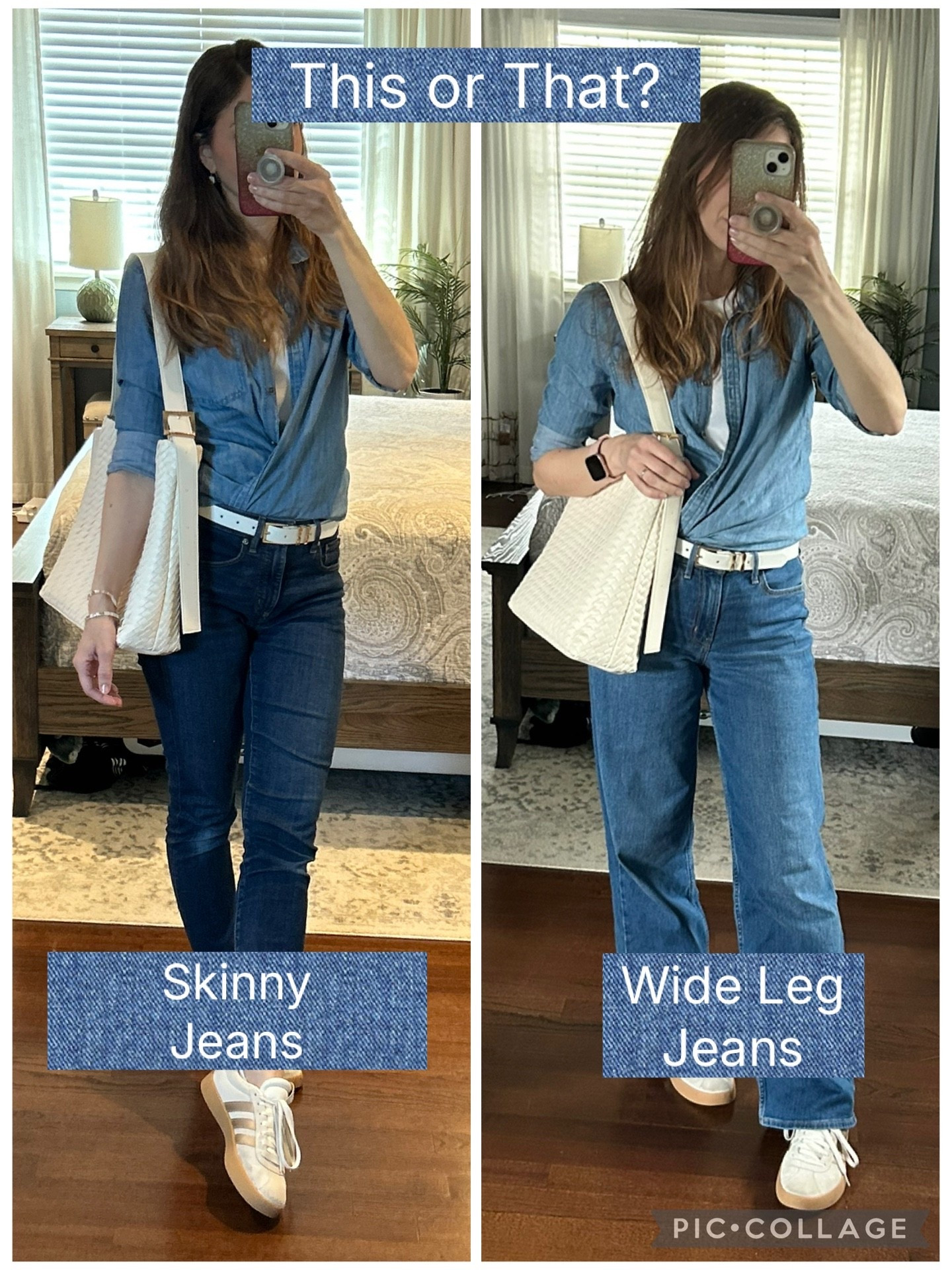 Skinny jeans or wide leg jeans with this outfit? Honestly, I’d prefer something in between, such as a relaxed straight leg or a boot cut. The skinny jeans look too tight and the wide legs look too loose. The search for the right fit continues!

• Chambray top by Caslon @nordstrom from a few years back. I’ll link a similar option.
• Belt by White House Black Market
• Tote by @Target 
• Shoes by @adidas 
• High rise skinny jeans from LOFT
• High rise wow wide leg jeans by Old Navy
• Earrings by LOfT
• White tank by LOFT

Spring outfits 2026

#LTKSeasonal #LTKOver40