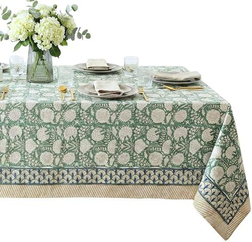 ATOSII Jade 100% Cotton Rectangle Summer Tablecloth, Block Print Floral Table Cloth Linen for Din... | Amazon (US)