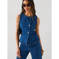 V by Very Denim Asymmetric Button Co-Ord Top - Mid Wash | Very (UK)