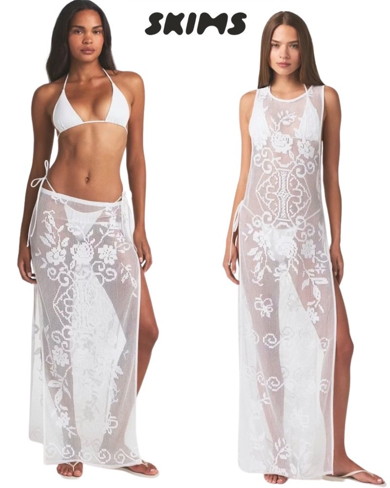 Skims lace beach coverup, white maxi dress, skirt, beach, pool, resort, spring, summer.

#LTKSwim