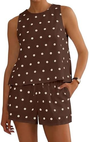 Ythomm Womens Polka Dot Two Piece Lounge Sets Summer Sleeveless Tops Drawstring Linen Shorts Matc... | Amazon (US)
