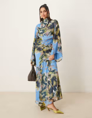 ASOS DESIGN volume sleeve maxi dress with ruched skirt in blue floral print | ASOS (Global)