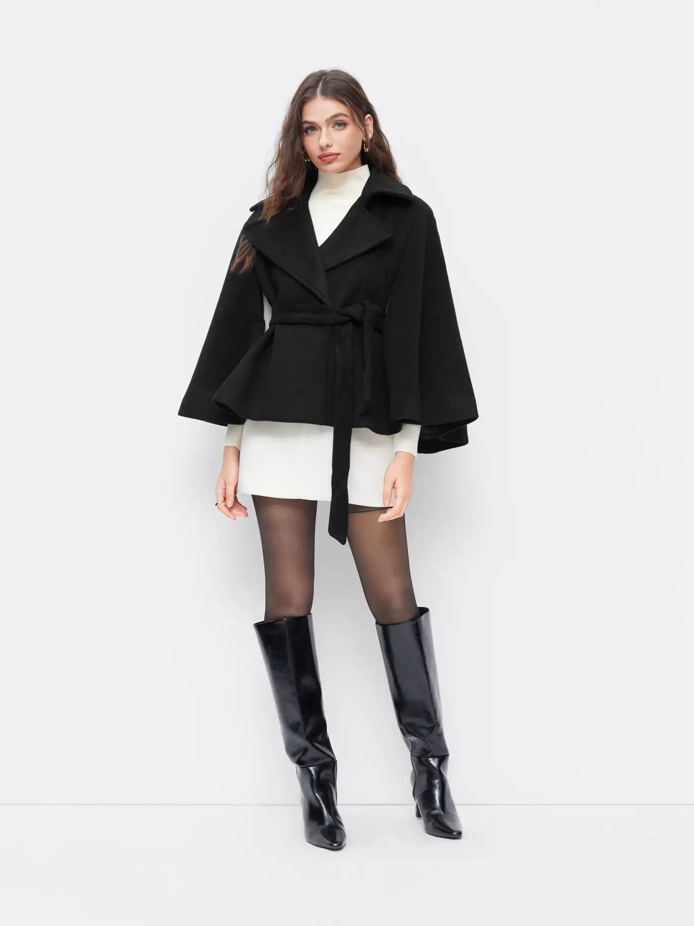 Wool-look Collar Button Cloak Sleeve Coat With Belt... | Cider