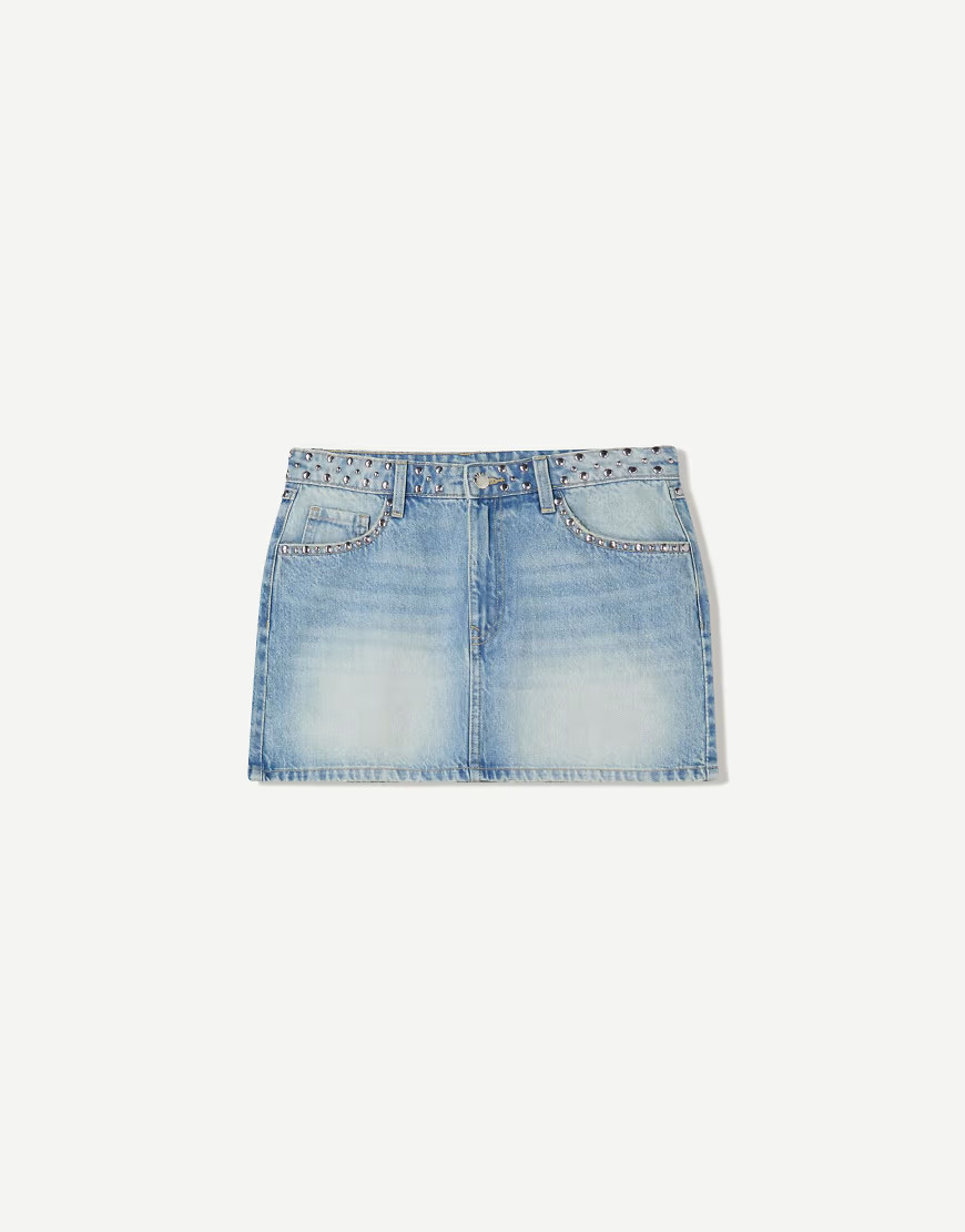 Bershka studded denim mini skirt in mid blue | ASOS (Global)