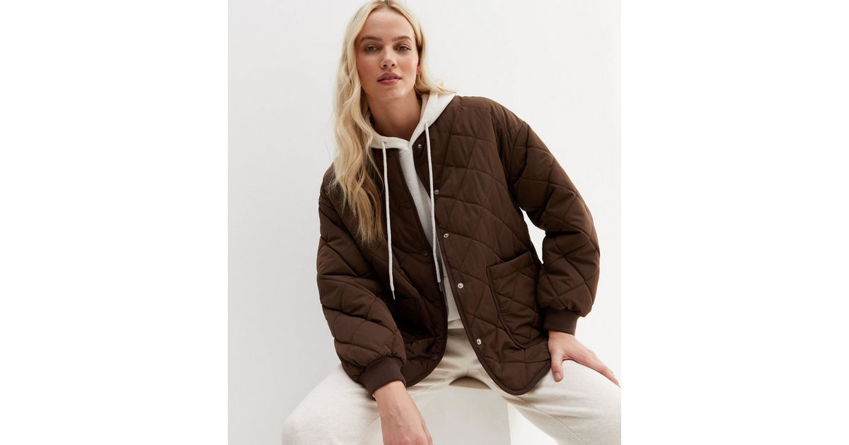 Dark Brown Quilted Collarless Jacket
						
						Add to Saved Items
						Remove from Saved Item... | New Look (UK)