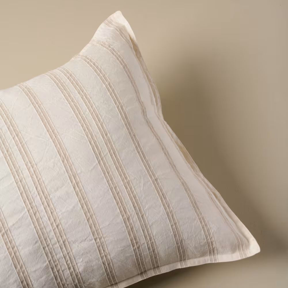 Embroidered Oatmeal Stripe Linen Cotton Pillow Sham | Magnolia