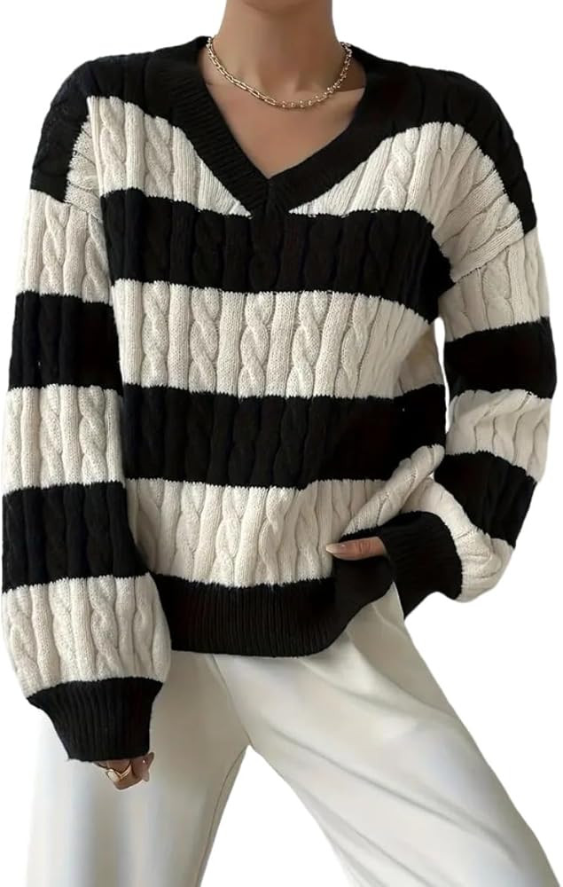 Women's Fall & Winter Color Block Striped Print Balloon Sleeve V Neck Cable Knit Sweater, Casual ... | Amazon (US)
