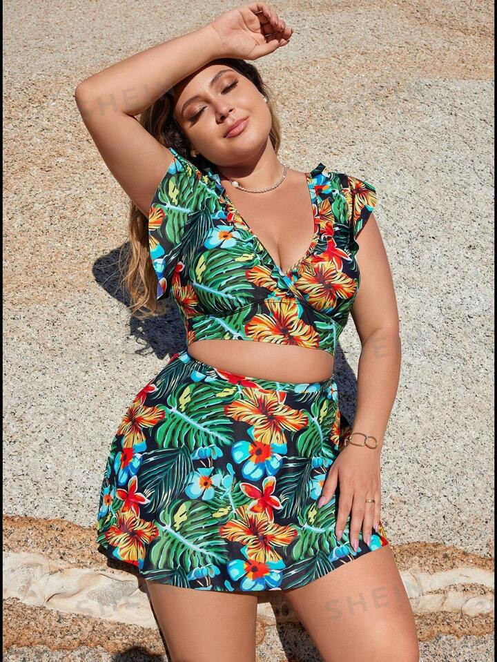 SHEIN Swim Lushore Plus Size Women's Tropical Plant Printed Swimsuit 3pcs Set | SHEIN
