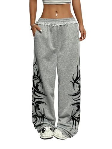 ZAFUL Womens Wide Leg Sweatpants Y2K Gothic Graffiti High Waisted Lounge Pants Athletic Joggers Pants with Pockets 1-Light Grey XL | Amazon (US)