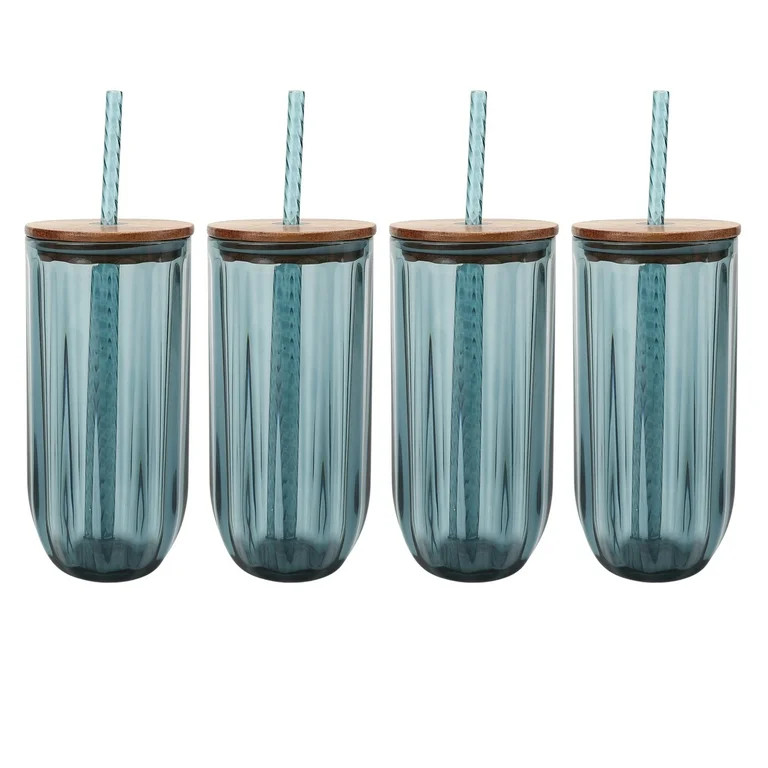 Better Homes & Gardens 4-Piece 21-Ounce Tritan Plastic Sipper and Straw with Acacia Wood Lid Set,... | Walmart (US)
