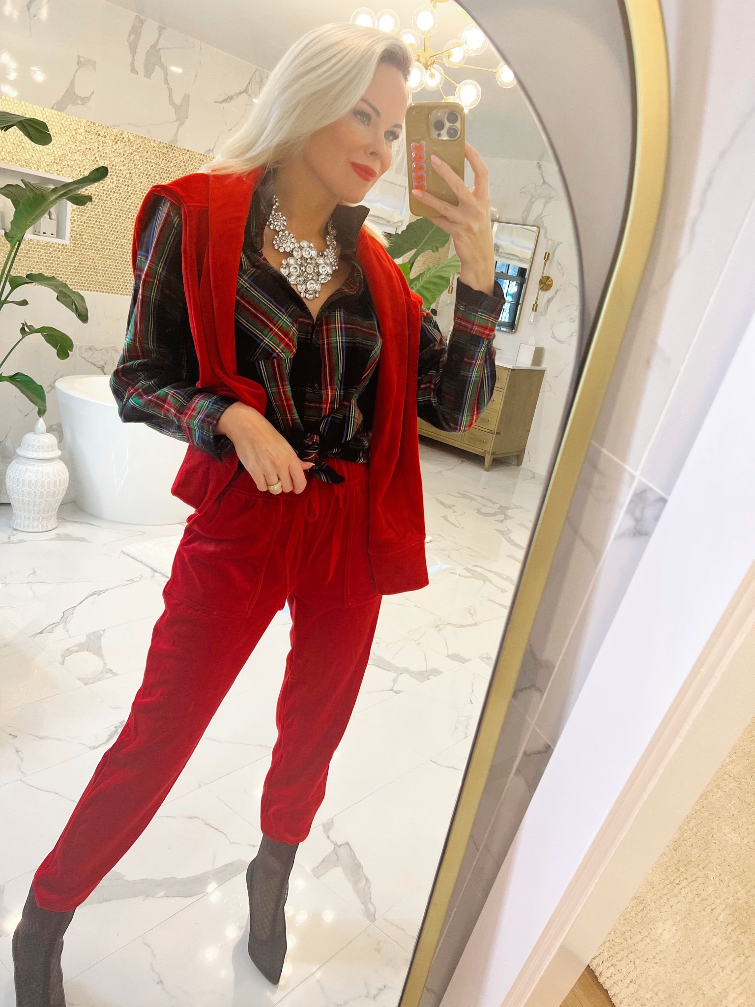 @walmartfashion is here for the holiday looks, and this tartan plaid, red velour moment is certainly bringing the JOY! #ad #walmartfashion 

#LTKHoliday #LTKSeasonal