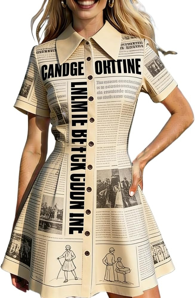 Women's Retro Newspaper Print Shirt Dress | Lapel Collar Button Down A-Line Mini Dress | Summer P... | Amazon (US)