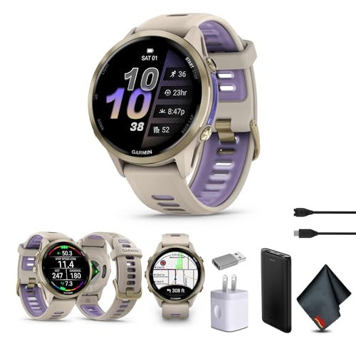 Garmin Forerunner 970 Running Smartwatch, GPS Fitness Smart Watch for Men and Women, Soft Gold Titanium with French Gray Case and French Gray/Translucent Indigo Band Bundle with P-Bank + More | Amazon (US)
