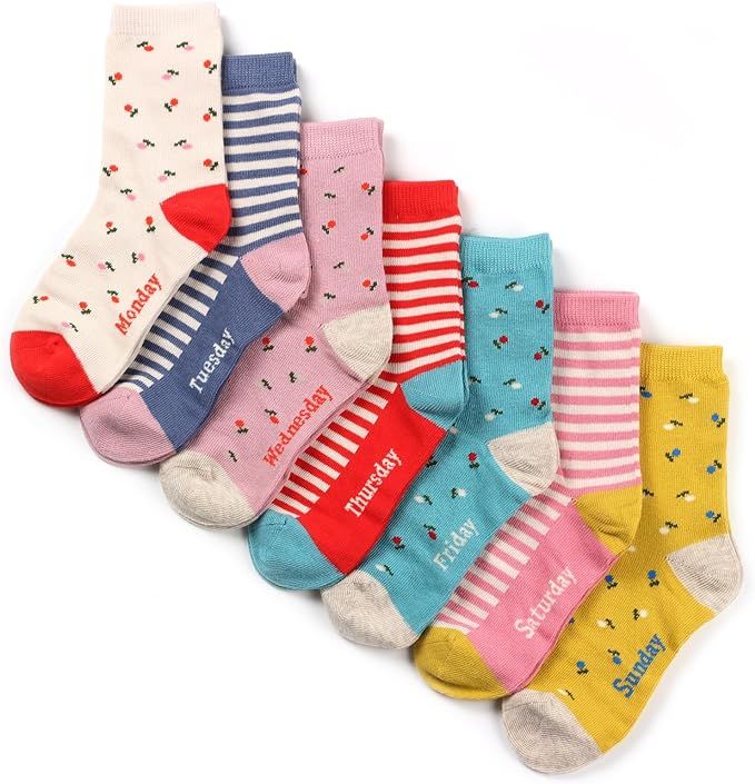 COTTON DAY 7 Days of the Week Gift Box Kids Girls Short Socks Cute Animal, Floral, Stars & Spots ... | Amazon (US)