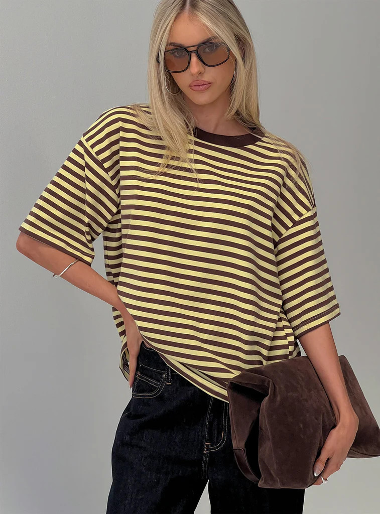 Settle Down Short Sleeve Top Yellow / Brown Stripe | Princess Polly AU