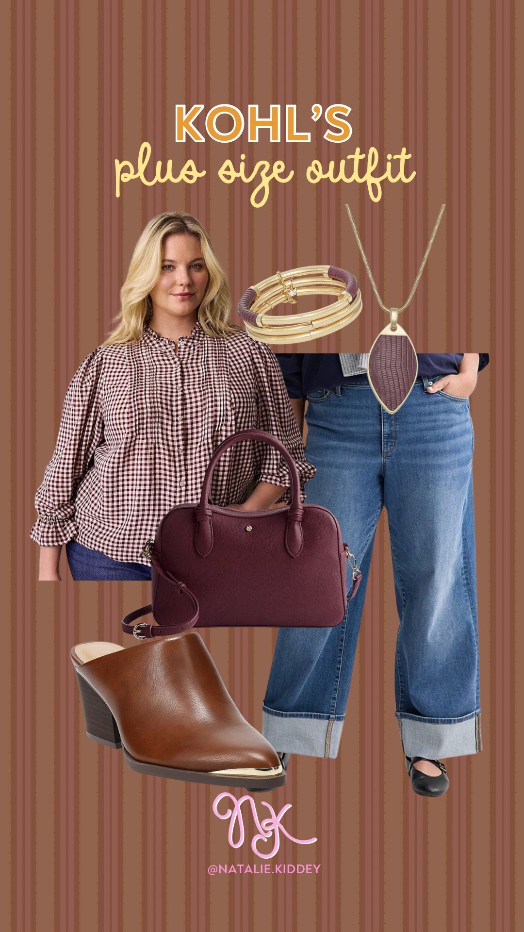 @kohls has so many cute plus size fall pieces, but I’m loving this brown and gingham burgundy look. The gold accent on these mules makes them look so expensive, the purse is the most stunning fall color and the accent jewelry is the right amount of pizzaz. 
Plus size fall outfit, gingham shirt

#LTKPlusSize #LTKOver40 #LTKPetite