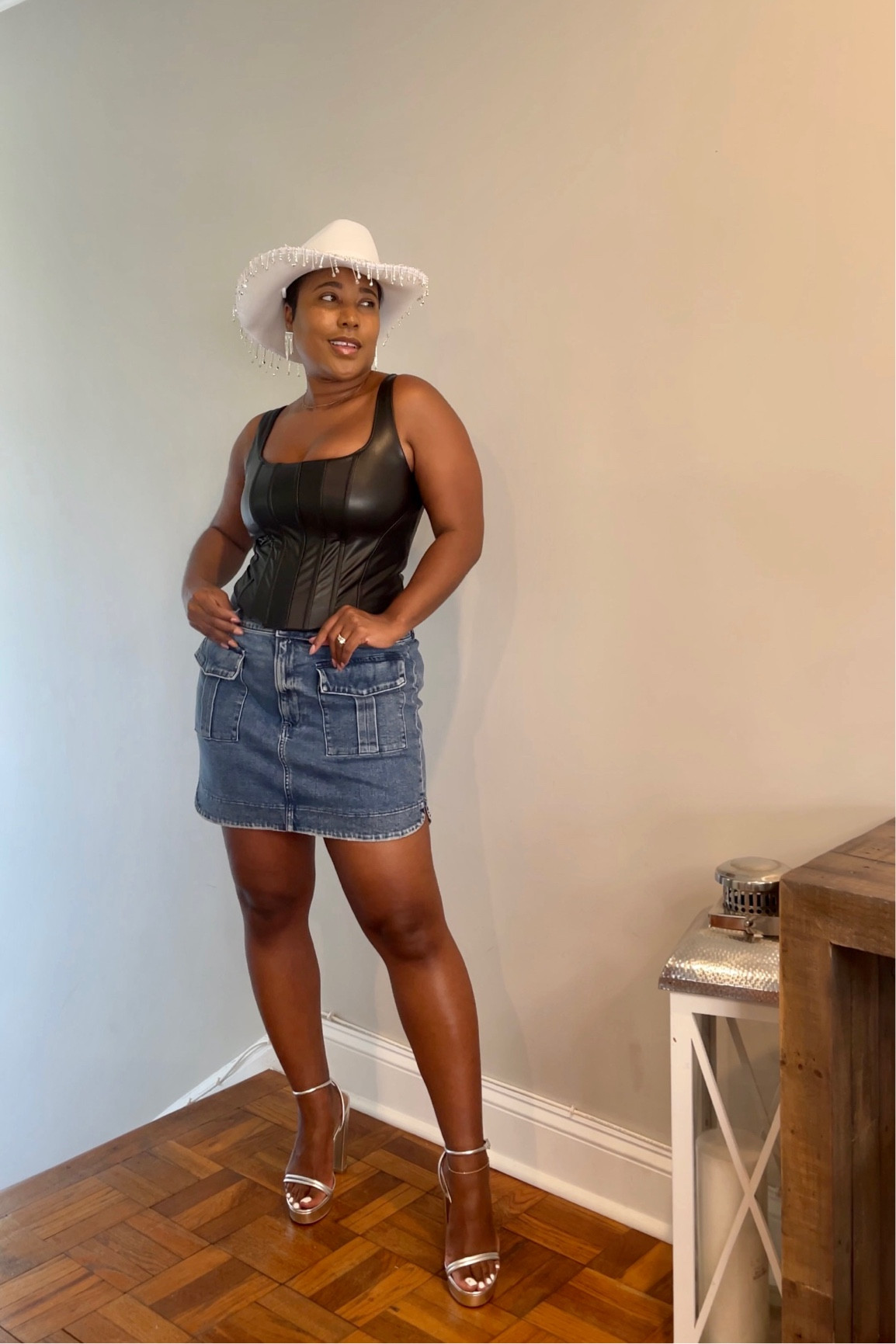 Country concert outfit inspiration

Leather corset
Denim cargo skirt
Silver platform sandals
White cowboy hat fringe cowboy hat

#LTKSeasonal #LTKFind