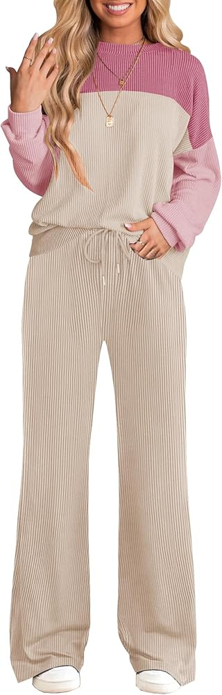 ETCYY NEW Womens 2 piece Outfits Lounge Sets Long Sleeve Textured Line Tracksuits Color Block Top... | Amazon (US)