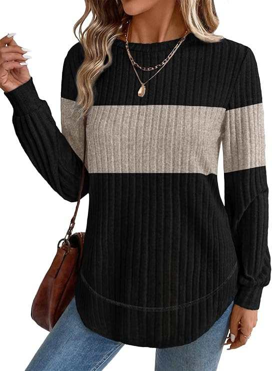 OFEEFAN Womens Sweaters Crew Neck Tunic Tops Long Sleeve Shirts Curved Hem | Amazon (US)