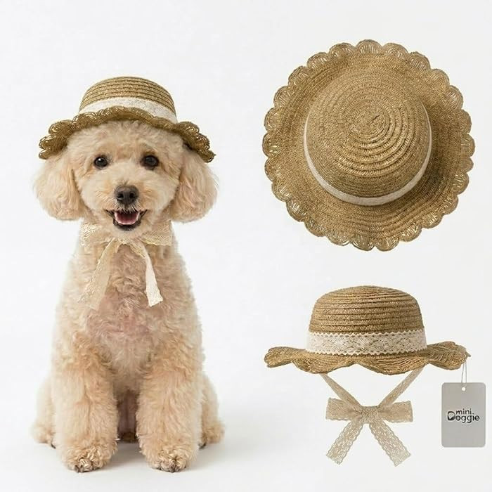 Pet Straw Sun Hat - Lace - Trimmed Summer Beach Hat with Bow, Adjustable Sun Protection Cap for S... | Amazon (US)