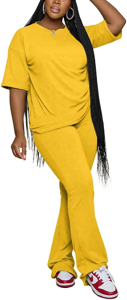 PINSV Women 2 Piece Outfits Short Sleeve Top and Flare Pants Lounge Sets Tracksuit | Amazon (US)