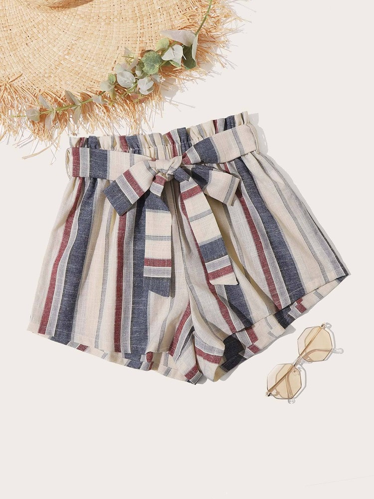 SHEIN Paperbag Waist Belted Striped Shorts | SHEIN