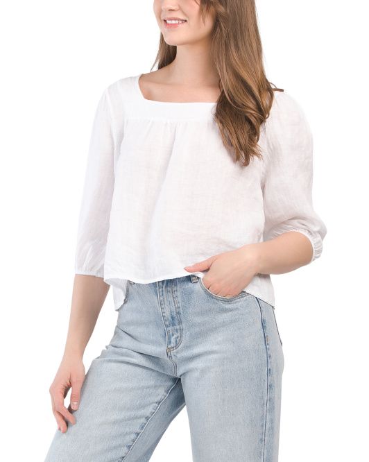 Made In Italy  Linen Square Neck Long Sleeve Crop Top | TJ Maxx