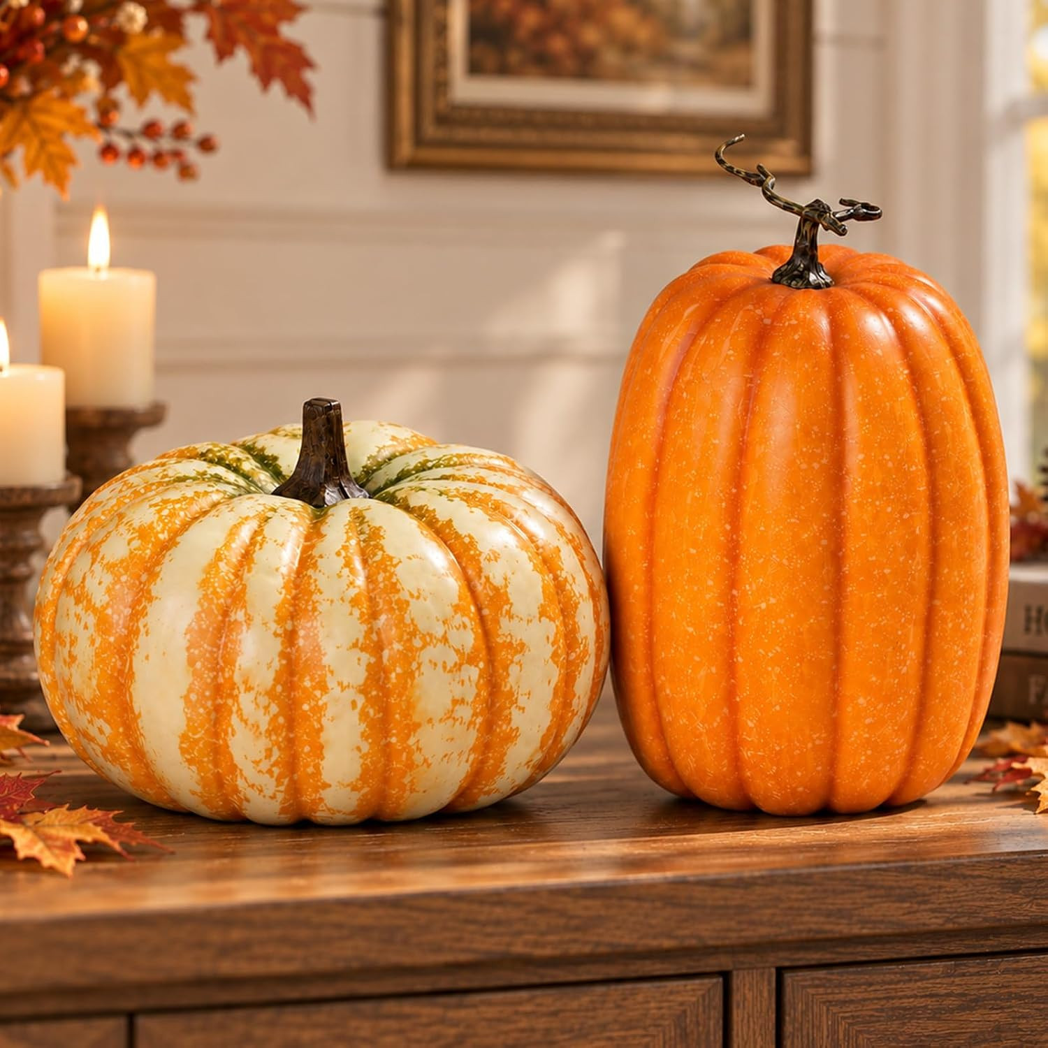 2Pack Large Fake Orange‑White‑Green&Orange Faux Pumpkins, Realistic Lifelike Harvest Fall Decoration, Hard Foam Vegetable Ornament for Halloween Autumn Festival Home Table Porch Outdoor Decor | Amazon (US)