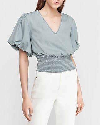 Puff Sleeve Smocked Denim Top | Express