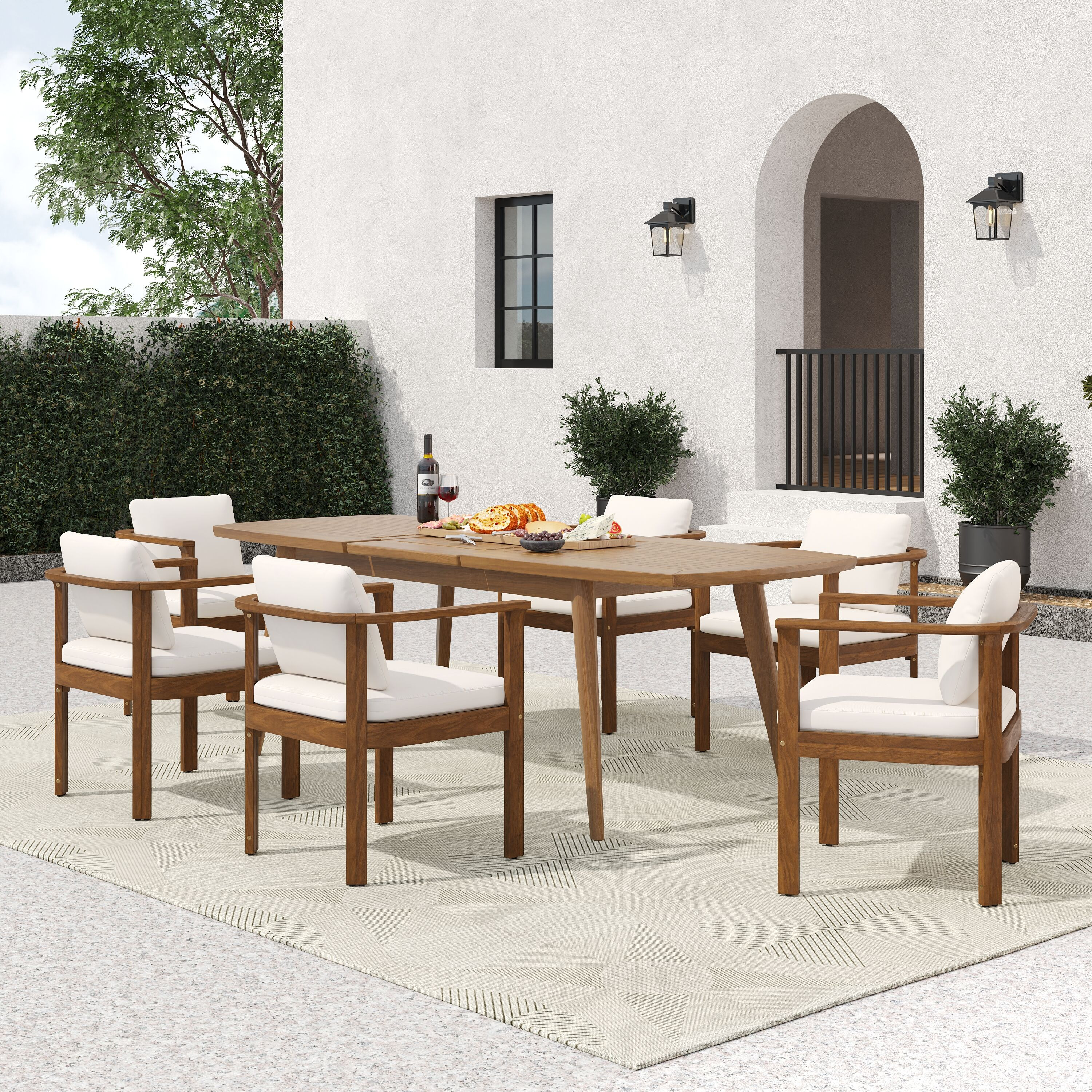 Christopher Knight Home Modern Coastal 7-Piece Outdoor Acacia Wood Dining Set with Curved Arm Chairs and 71-in Expandable Dining Table - Brown | Lowe's