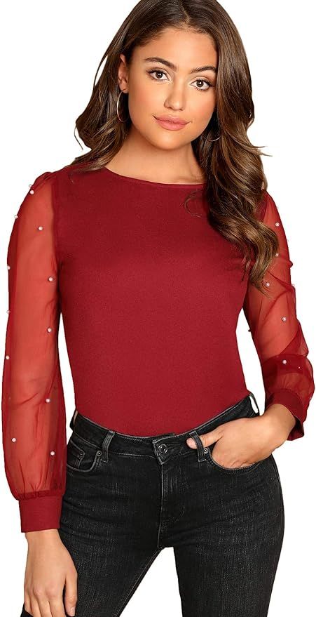 Floerns Women's Pearl Sheer Mesh Long Sleeve Tops Blouse | Amazon (US)