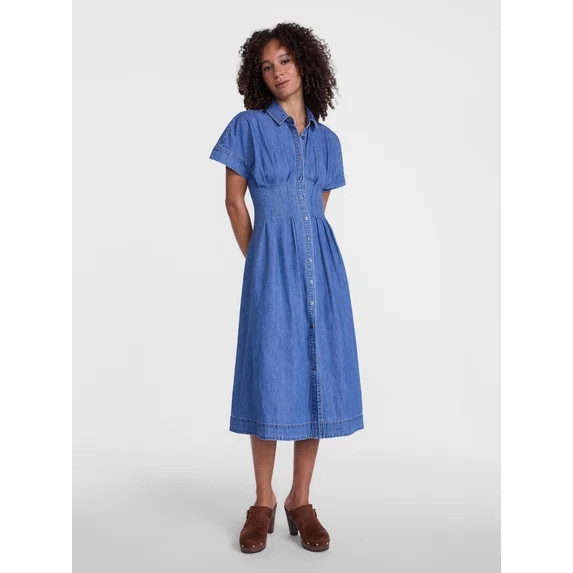 Scenario Women's and Women's Plus Pleated Waist Midi Shirtdress with Short Sleeves, Sizes XS-4X | Walmart (US)