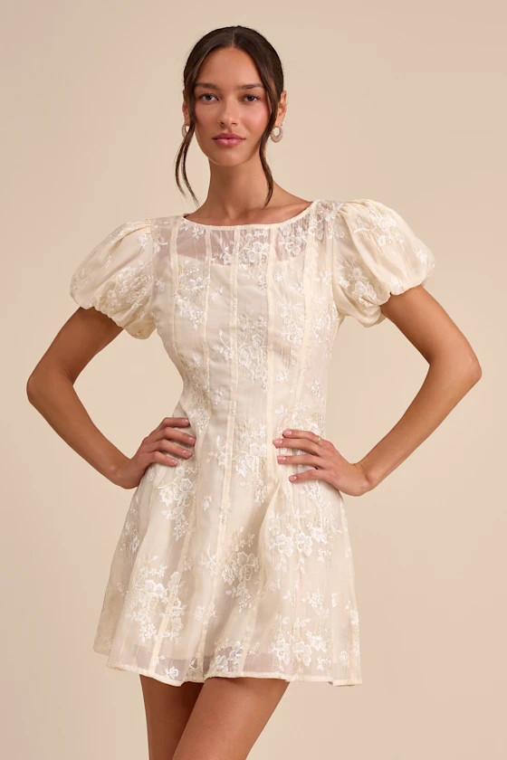 Elfrieda Cream Embroidered Puff Sleeve Mini Dress | Lulus