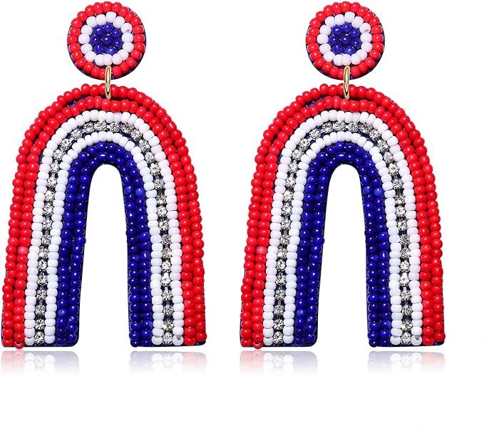 American Flag Earrings Rainbow Hat Beaded Dangle Earrings for Women Handmade Independence Day Jew... | Amazon (US)