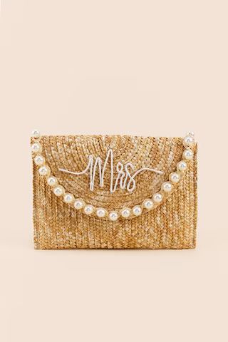Mrs Embroidered Straw Pearl Clutch | Francesca's