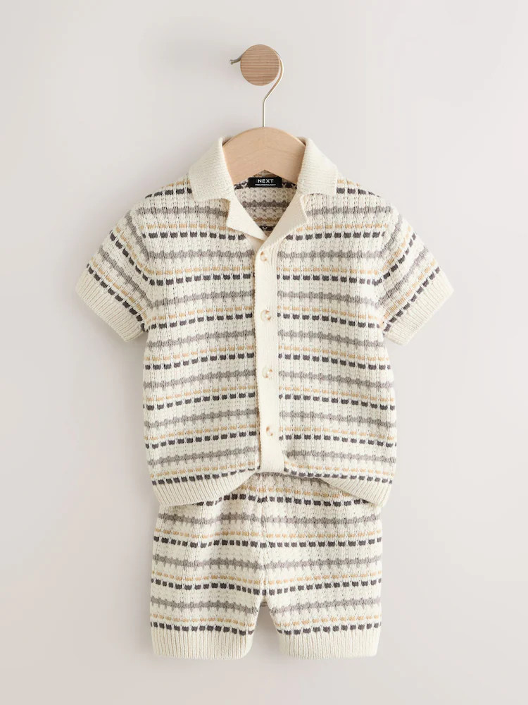 Buy Neutral Textured Revere Collar Knitted Polo Shirt and Shorts Set (3mths-10yrs) from Next USA | Next US