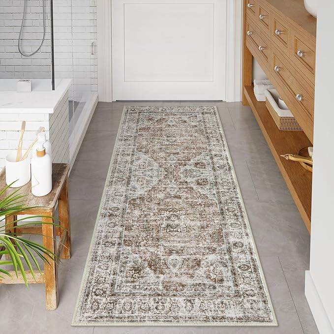Uphome Bathroom Runner Rug, Distressed Tribal Farmhouse Khaki Bathroom Mat, Large Bathroom Rugs N... | Amazon (US)