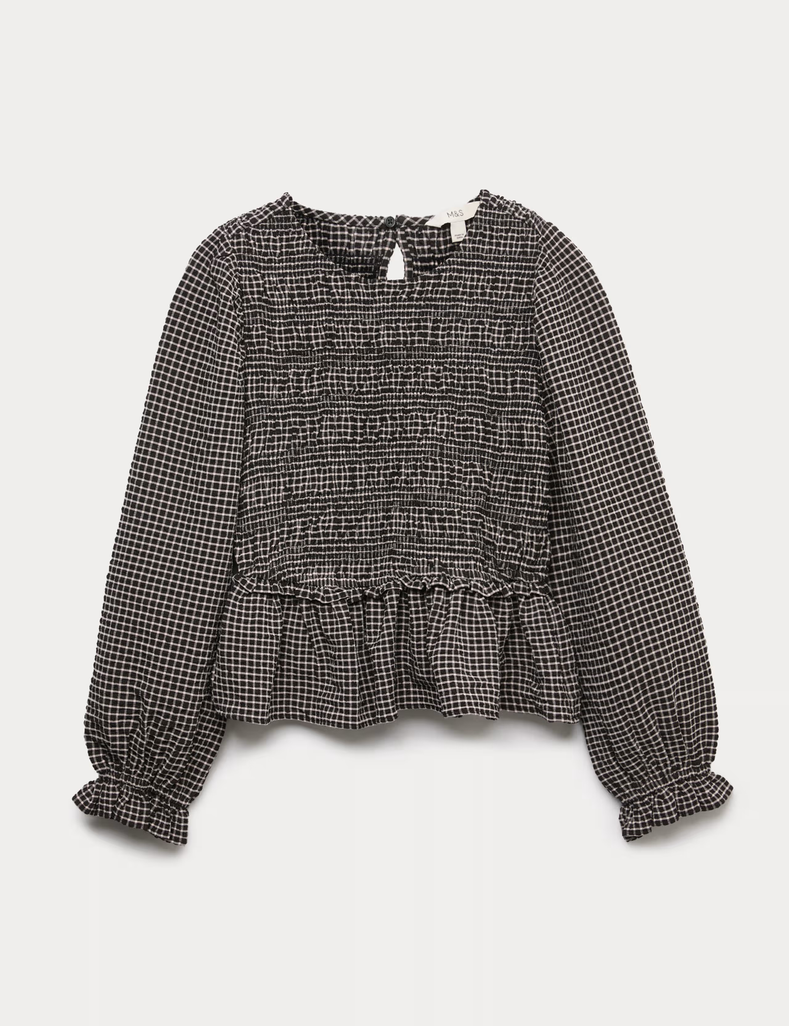 Crew Neck Shirred Checked Blouse | M&S | M&S | Marks & Spencer (UK)