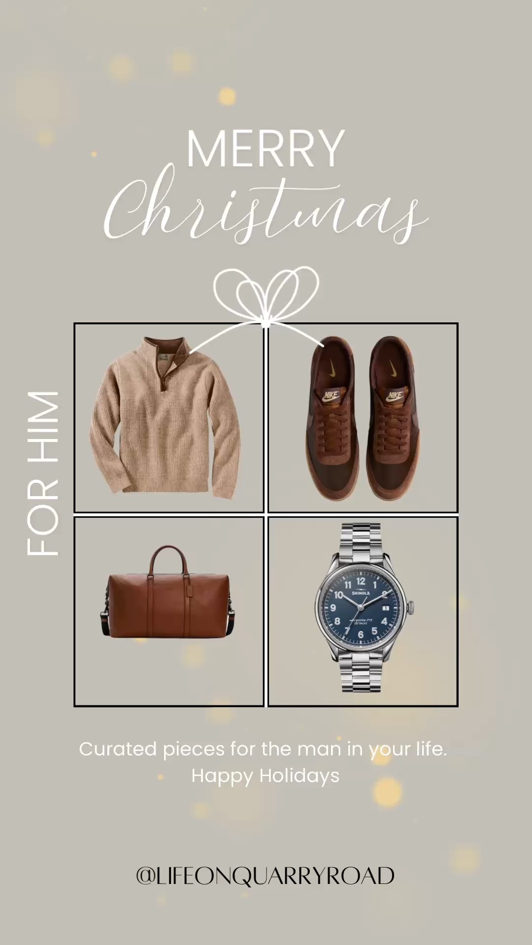 For him
Happy holidays
Merry Christmas 
Travel bag 
Men’s watch 
Men’s sneakers 
Sweater 

#LTKHoliday #LTKGiftGuide #LTKMens