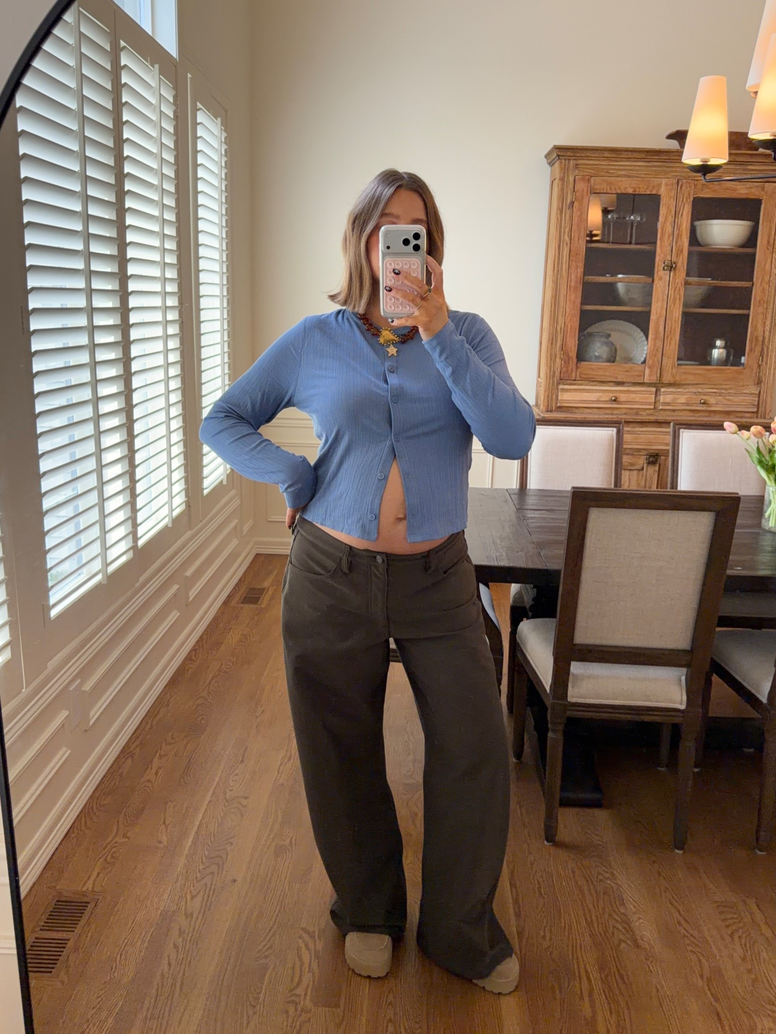 Size 10 in all lululemon tops, size 32 in EasyFive Pant (soft denim) low rise I went up 2 from my typical size for pregnancy. Love the fit they are slouchy and soft and so comfy!! 31” inseam. Tan jacket size L (sold out linked similar)