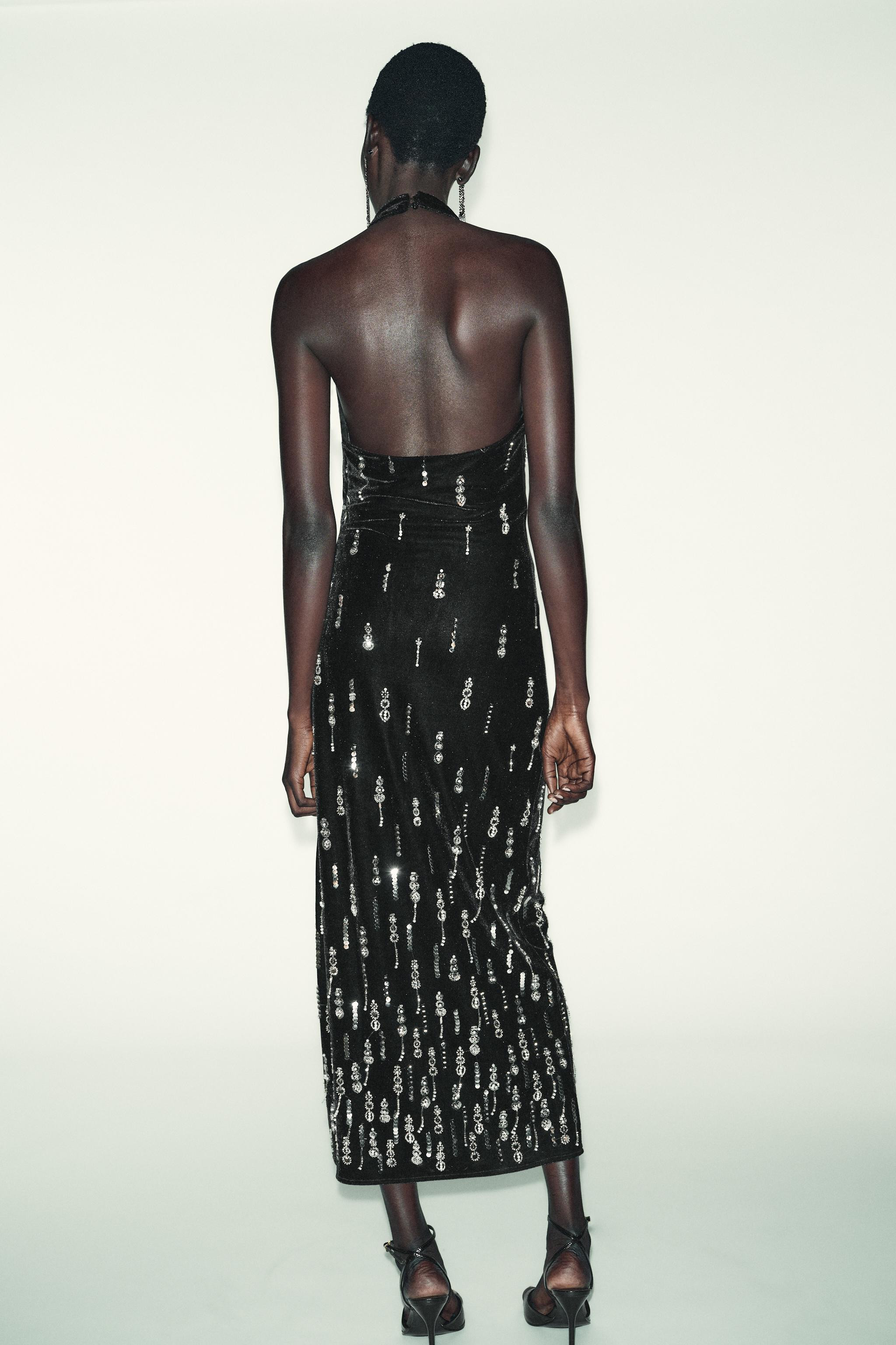 BEADED VELVET HALTER MIDI DRESS | Zara UK