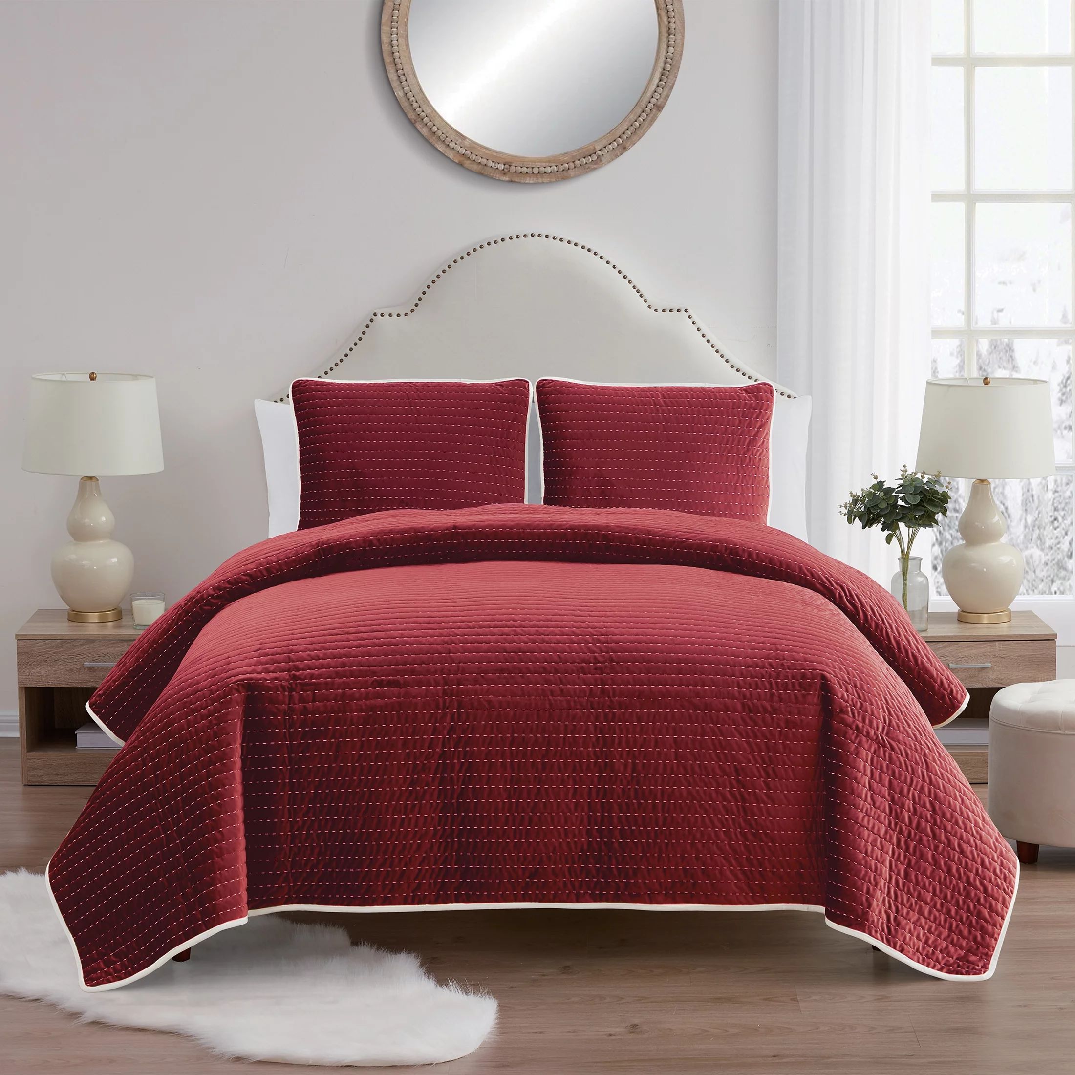 My Texas House Quinn Savvy Red Pick Stitch Stripe Velvet 3-Piece Quilt Set, Full/Queen | Walmart (US)