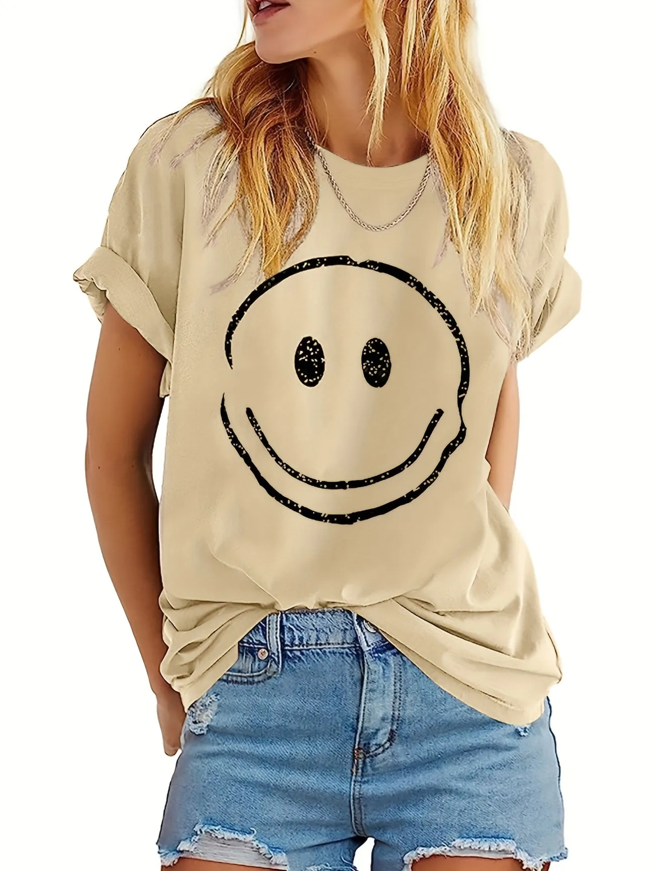 Smiling Face Print T-Shirt, Casual Short Sleeve Top For Spring & Summer, Women's Clothing | Temu Affiliate Program