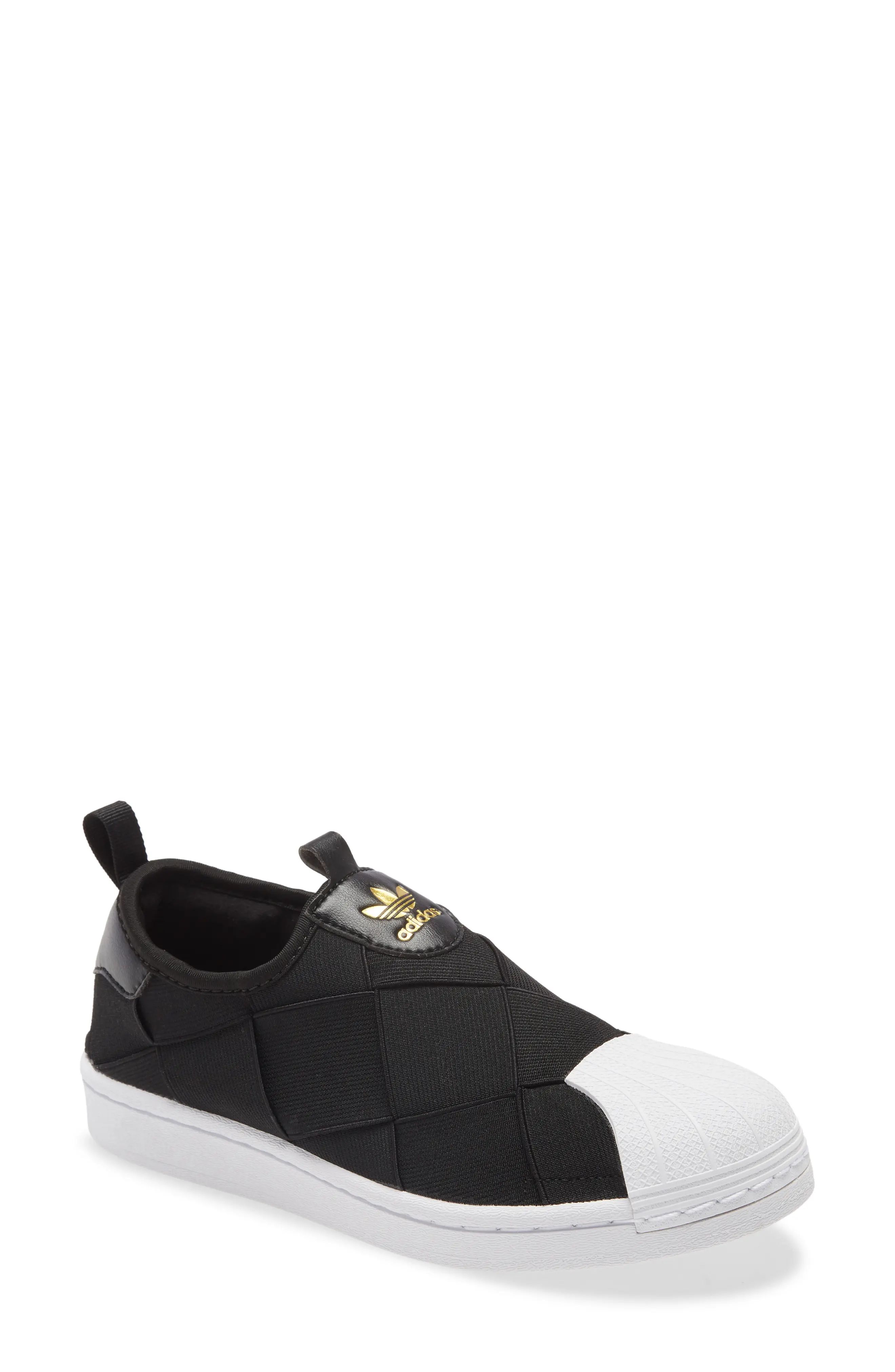 adidas Superstar Slip-On Sneaker, Size 8.5 in Core Black/White/Gold at Nordstrom | Nordstrom